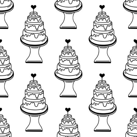 Tiered wedding cake seamless vector pattern. Tasty festive pie with cream decorated with a heart. Fresh baked goods on a stand. Classic dessert for marriage, party. Black and white background, doodleのイラスト素材