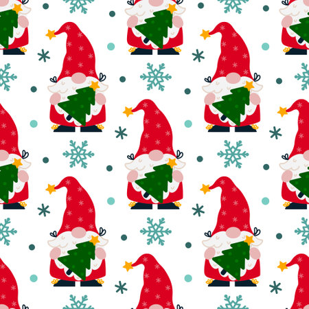 Cute gnome with a Christmas tree seamless vector pattern. Santa Claus helper in a stocking cap with a star, red suit. New year elf with snowflakes. Flat cartoon background for print, cards, postersのイラスト素材