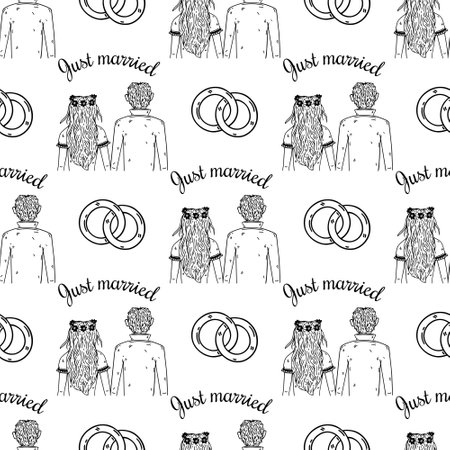Just married, wedding ceremony back view seamless vector pattern. A bride in a flower wreath, and loose hair holds the hand of her groom. Engagement, rings for husband and wife. Doodle backgroundのイラスト素材
