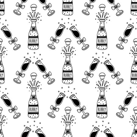 Champagne and glasses with bows seamless vector pattern. Open bottle of alcoholic drink with bubbles, cups clinking. Cheers, a festive toast. Black and white doodle background for wedding, date, partyのイラスト素材