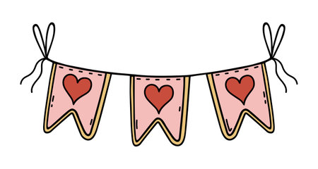 Bright garland with heart, vector icon. Cute holiday red and pink flags hanging on a rope with bows tied. Decoration for Valentine's day, love party, date, wedding. Romantic doodle isolated on whiteのイラスト素材