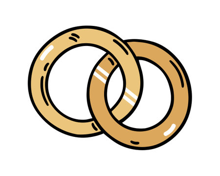 Pair of golden wedding rings, vector icon. Symbol of bride and groom, love, marriage, engagement. Shiny jewelry for husband and wife. Bright cartoon doodle isolated on white. Clipart for print, webのイラスト素材