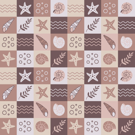 Sea animals seamless vector pattern. Nautilus and cone shells, shellfish, starfish, algae on the seabed. Brown underwater clams, flat cartoon style. summer ocean backgroundのイラスト素材