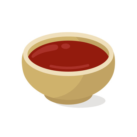 Soy sauce in a saucer, vector icon. Salty fermented seasoning in a wooden bowl. Delicious Japanese condiment for sushi, rolls. Illustration isolated on white. Flat cartoon clipartのイラスト素材