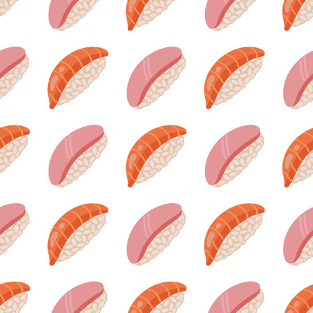 Tasty nigiri seamless vector pattern. Fresh Japanese sushi with rice, raw salmon, sea tuna. Traditional Asian fish rolls, seafood appetizer. Hand drawn illustration. Flat cartoon background for printのイラスト素材