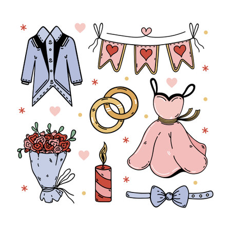 Wedding items vector set. Symbols of marriage - a dress for a bride, a suit for a groom, engagement rings, bright garland with hearts, bouquet of flowers, holiday candle. Flat cartoon doodle clipartのイラスト素材