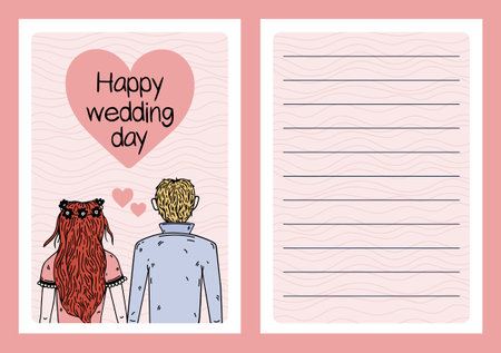 Wedding ceremony of bride and groom, back view. Wife and husband hold hands in front of the altar. Bright template with hearts for happy wedding day. Flat cartoon vector card with backside, copy spaceのイラスト素材