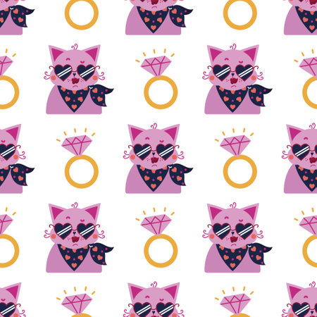 Happy Valentines Day seamless vector pattern. Cute girl cat in stylish heart-shaped sunglasses, wedding ring. Pink kitten in a neckerchief, bright jewel with diamond. Flat cartoon background for printのイラスト素材