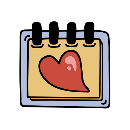 Beautiful spring note vector icon. Cute little notebook with a hand drawn red heart. Bright personal diary, notepad. Doodle isolated on white. Flat cartoon clipart for posters, print, cards, date, webのイラスト素材