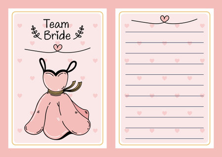 Team bride vector illustration. Beautiful wedding dress, cute pink hearts. Doodle template for hen party, bachelorette. Flat cartoon clipart with backside, copy space. Blank for cards, invitationsのイラスト素材