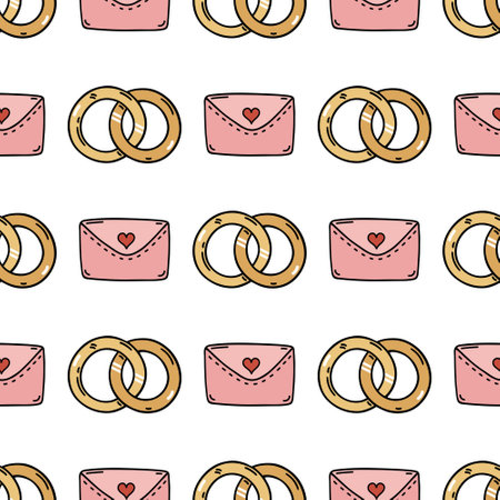 Pair of wedding rings and romantic letter, seamless vector pattern. Gold jewelry for the bride and groom, cute pink envelope with a heart. Symbols of engagement, love, date. Cartooのイラスト素材