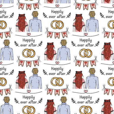 Wedding ceremony seamless vector pattern. Bride and groom at the altar, engagement rings, garland with hearts. Happily ever after, wife and husband rear view. Love, romance doodle. Cartoon backgroundのイラスト素材