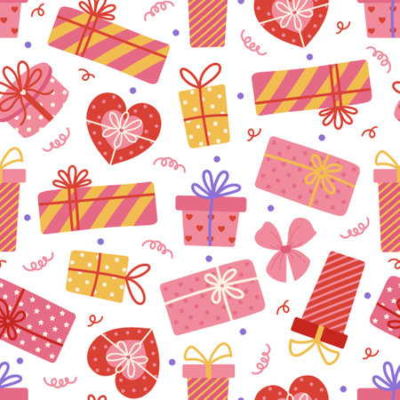 Gift boxes seamless vector pattern. Colorful presents with ribbon, bow. Containers packed in wrapping paper with hearts, stripes, polka dots. Romantic surprise for Valentines Day. Cartoon backgroundのイラスト素材