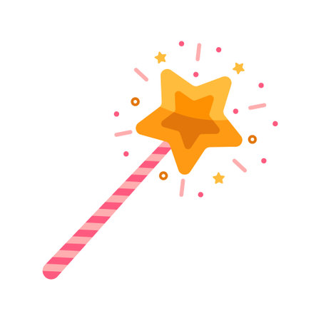 Magic wand vector icon. Pink striped stick with a glowing gold star. A shining tool for a wizard, fairy or girl princess. A colorful toy for tricks and wishes. Flat cartoon clipart isolated on whiteのイラスト素材