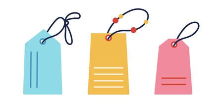 Tags vector icon set. Colorful paper labels with ribbon, rope, beads. Blank templates for gifts, sale products, marketing. Rectangular badge with copy space. Flat cartoon clipart for print, webのイラスト素材