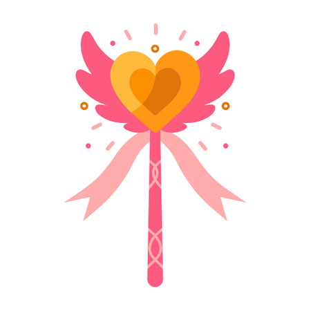 Magic wand vector icon. Pink stick with ornament, gold heart with wings and ribbon. A shining tool for a wizard, fairy, princess. A colorful toy for tricks, love wishes. Flat cartoon clipart for printのイラスト素材