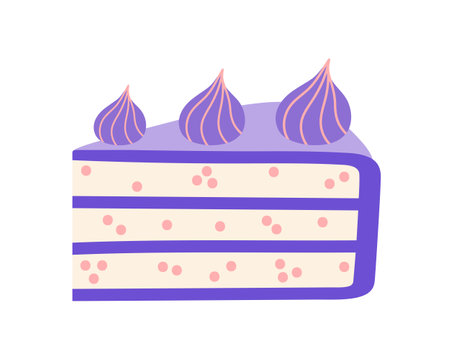Piece of birthday cake, vector icon. Tasty dessert with biscuit, cream, meringue, purple icing and mastic. Baking slice isolated on white. Sweet pastry. Flat cartoon clipart for cards, invitationsのイラスト素材