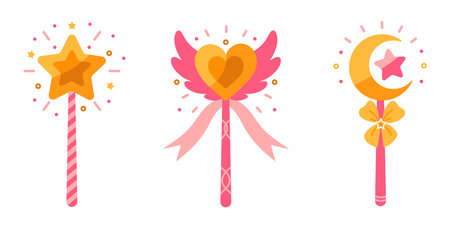 Magic wand vector icon set. Pink sticks with shining crescent moon, gold star, heart and wings. Sparking tools for a wizard, fairy, kid princess. Colorful toys for tricks, wishes. Flat cartoon clipartのイラスト素材