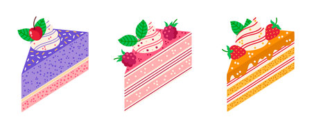 Piece of cake vector icon set. Tasty desserts with biscuit, cream, mint leaves, sprinkles. Summer baking slice with raspberry, cherry, strawberry. Sweet birthday party pastry. Flat cartoon clipartのイラスト素材