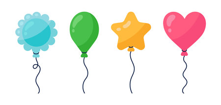 Balloons vector set. Colorful rubber toys of various shapes - star, heart, ball, flower. Flying surprise for a party, birthday, event. Festive decoration on a string. Cartoon clipart for print, cardsのイラスト素材