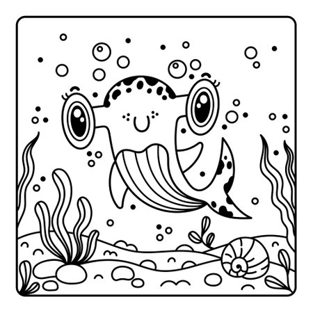 Baby hammerhead shark, coloring book for kids. Cute friendly fish smiling. A predatory underwater animal on the seabed among seaweed, shells, bubbles. Page for relax, study. Black outline on whiteのイラスト素材