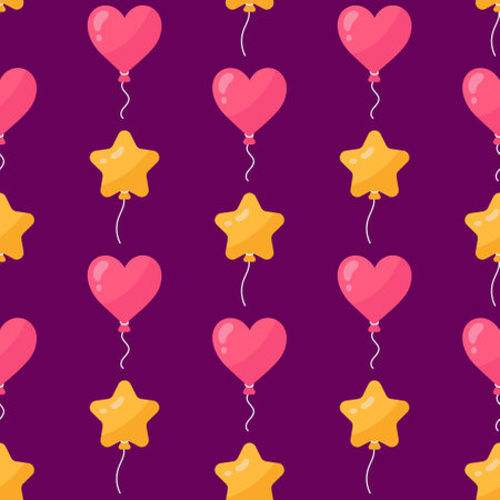 Balloons seamless vector pattern. Colorful toys of different shapes - star and heart. Festive flying surprise for a party, birthday, event. Funny holiday decoration on a string. Dark purple backgroundのイラスト素材