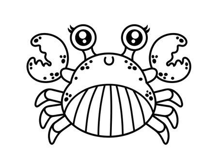 Crab vector illustration. Friendly crustacean animal with a spotted shell and claws. Funny ocean pet smiles. Coloring page for children, kids. Outline, black doodle. Comic clipart isolated on whiteのイラスト素材