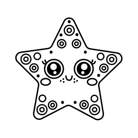 Starfish vector icon. Cute sea animal lies and smiles. Friendly ocean star, happy invertebrate. Underwater character sketch. Hand drawn outline, coloring book for kids. Funny black and white clipartのイラスト素材