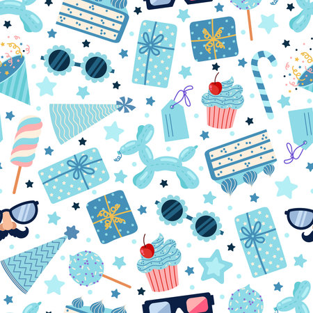 Birthday party seamless vector pattern. Festive elements - balloon, funny glasses and masks, gifts,...