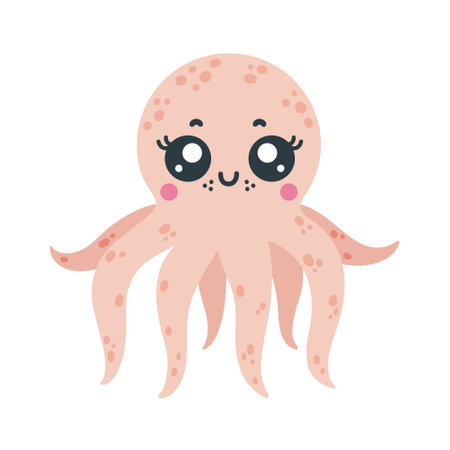 Cute octopus vector illustration. Pink underwater animal smiles and waves its tentacles. Friendly ocean clam. Hand drawn cartoon clipart, flat style. Funny sea pet. Playful character for kidsのイラスト素材