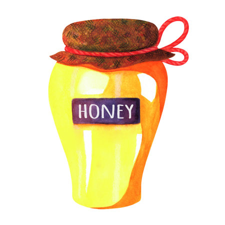 Flower honey, watercolor illustration. Glass jar with sweet golden dessert. Transparent pot with covered lid, cloth tied with string, homemade label. Bee product, healthy nutrition. Hand drawn clipartの写真素材