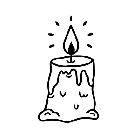Burning candle vector icon. Vintage accessory with flame, wick, flowing drops of wax. Element for home, church, Halloween decoration. Hand drawn black and white doodle, outline. For print, webのイラスト素材