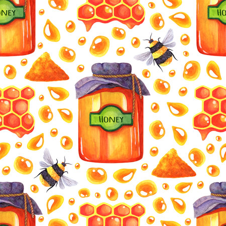 Honey seamless watercolor pattern. Flying bee, glass jar with golden sweet dessert, wax honeycomb, drops of liquid treat, pollen. Hand drawn background, ornament for print, fabric. Healthy flower foodの写真素材