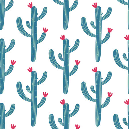 Cactus seamless vector pattern. A prickly plant with a long green stem, spines, colorful flowers....