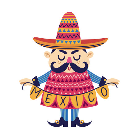 Mexican man vector illustration. A funny guy in a sombrero and poncho holds a Mexico garland. Person with a mustache, in a folk costume. Celebrating Cinco de Mayo, carnival, fiesta. Cartoon doodleのイラスト素材