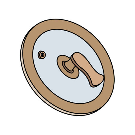 Glass lid vector icon. Round transparent cover with a wooden handle, hole for steam. Kitchen supplies - cap for pot, dish. Tableware for cafes, restaurants, dining. Isolated color clipart of utensilのイラスト素材