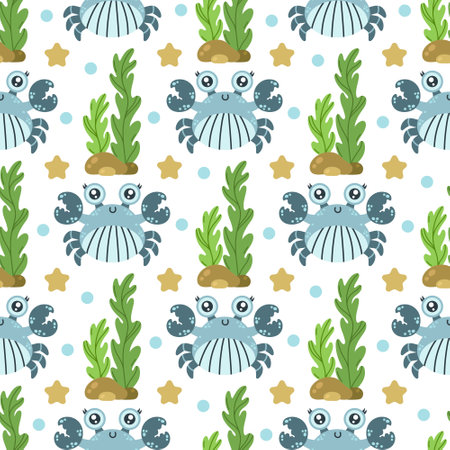 Funny crab seamless vector pattern. Cute sea animal in a shell, with claws. Friendly ocean creature swims among algae, starfish, bubbles. Hand drawn aquatic pet. Marine life background for kidsのイラスト素材