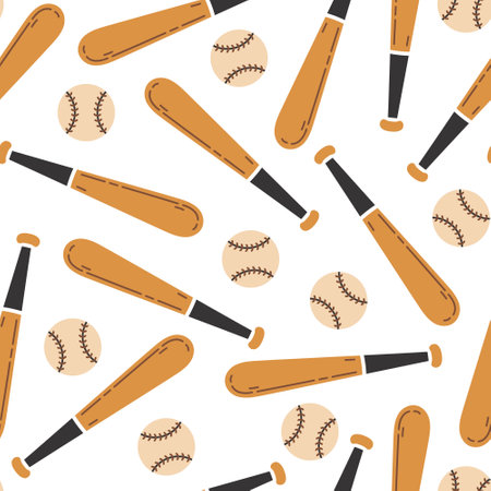 Wooden baseball bats and leather balls, seamless vector pattern. Professional sports equipment for softball, training, championship. Game match tools. Hand drawn background, cartoon ornamentのイラスト素材