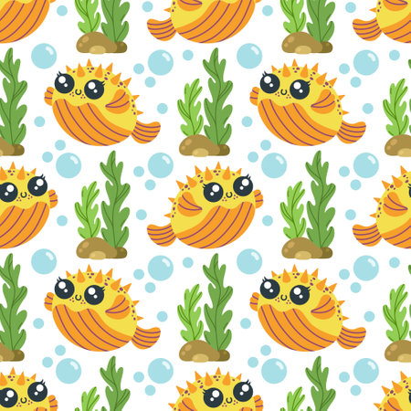 Puffer fish seamless vector pattern. A funny orange animal swims among reef seaweed, bubbles. Happy aquarium fugu with spines. Underwater ocean blowfish, wild life. Cartoon marine background for kidsのイラスト素材
