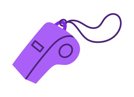 Purple whistle vector icon. Plastic equipment for sports, football, fitness. Sound blowing tool, whistle on a string. Accessory for trainer, police, referee. Hand drawn doodle, cartoon clipartのイラスト素材