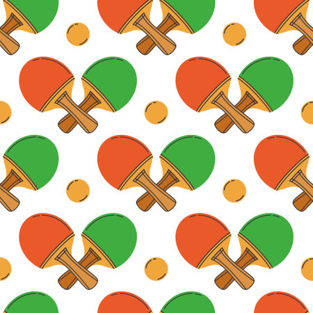 Crossed   rackets, seamless vector pattern. Wooden bats, yellow plastic balls for playing table tennis. Sports equipment for training, match, competition. Game ornament, cartoon backgroundのイラスト素材