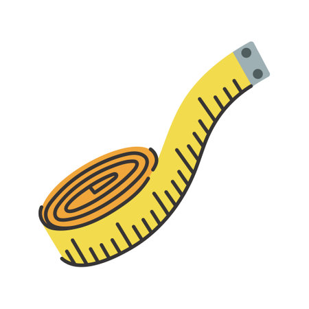 Rolled measuring tape vector icon. Metric ribbon with a scale of centimeters, meters. Long yellow tool for sewing, fitness, tailoring. Professional equipment. Hand drawn doodle isolated on whiteのイラスト素材
