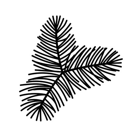 Christmas tree branch vector icon. A twig of pine, spruce, fir. Evergreen forest plant, winter holiday decoration. Hand drawn sketch, botanical doodle. Black and white sprig of a wild coniferous bushのイラスト素材