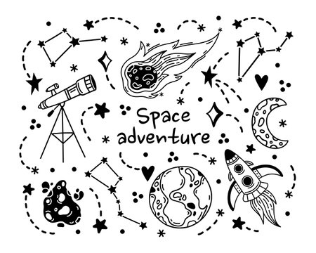 Space adventure vector set. Flying rocket, telescope, burning comet, planet Earth, crescent moon, constellations and stars in the night sky. Galaxy and universe. Astronomy, isolated hand drawn clipartのイラスト素材