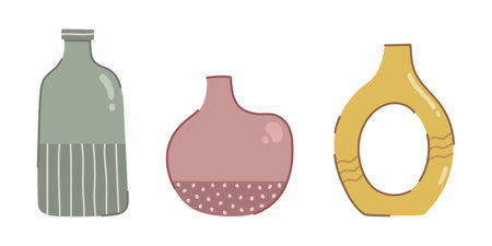 Colorful vases, vector set. Modern jugs made of porcelain, ceramics, glass. Interior items in stripes, polka dots, with a hole in the middle. Boho cozy bowls, homemade pottery. Hand drawn flat clipartのイラスト素材