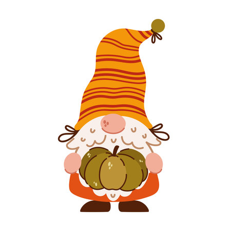 Cute autumn gnome. Funny bearded elf holds pumpkin, seasonal harvest. Magic character of Scandinavian folklore. Dwarf in colorful striped hat. Cartoon fall vector clipart for Thanksgiving, Halloweenのイラスト素材