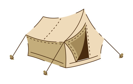 Camping tent, vector icon. Equipment for camp, campground, hiking, wild adventure. Fabric device for sleeping on travel, journey, trip. Hand drawn doodle, isolated clipart. Recreation illustrationのイラスト素材