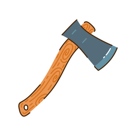Ax vector icon. Tool with steel sharp blade, wooden handle. Equipment for cutting trees. Instrument for firefighters, lumberjacks. Hand drawn illustration, flat cartoon doodle. Isolated color clipartのイラスト素材
