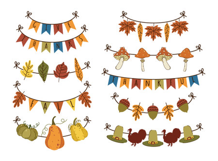 Autumn garlands, vector set. Oak and maple leaves, acorns hanging on a string. Holiday banners with gratitude, turkey, pumpkins, fly agaric mushrooms. Colorful decorations for Thanksgiving, fall partyのイラスト素材