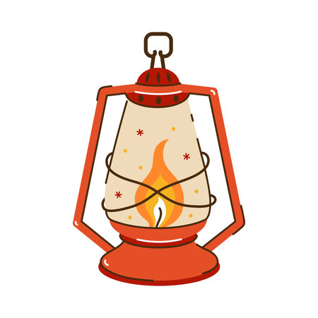 Kerosene lantern with a glowing flame. Vintage lamp for camping, adventure, outdoor, travel, retro design. Metal equipment for lighting, fire. Hand drawn clipart isolated on white. Cartoon doodleのイラスト素材